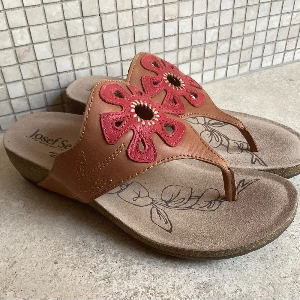 Josef Seibel Tan Sandal with Red Floral Cutout - Picture 5 of 8